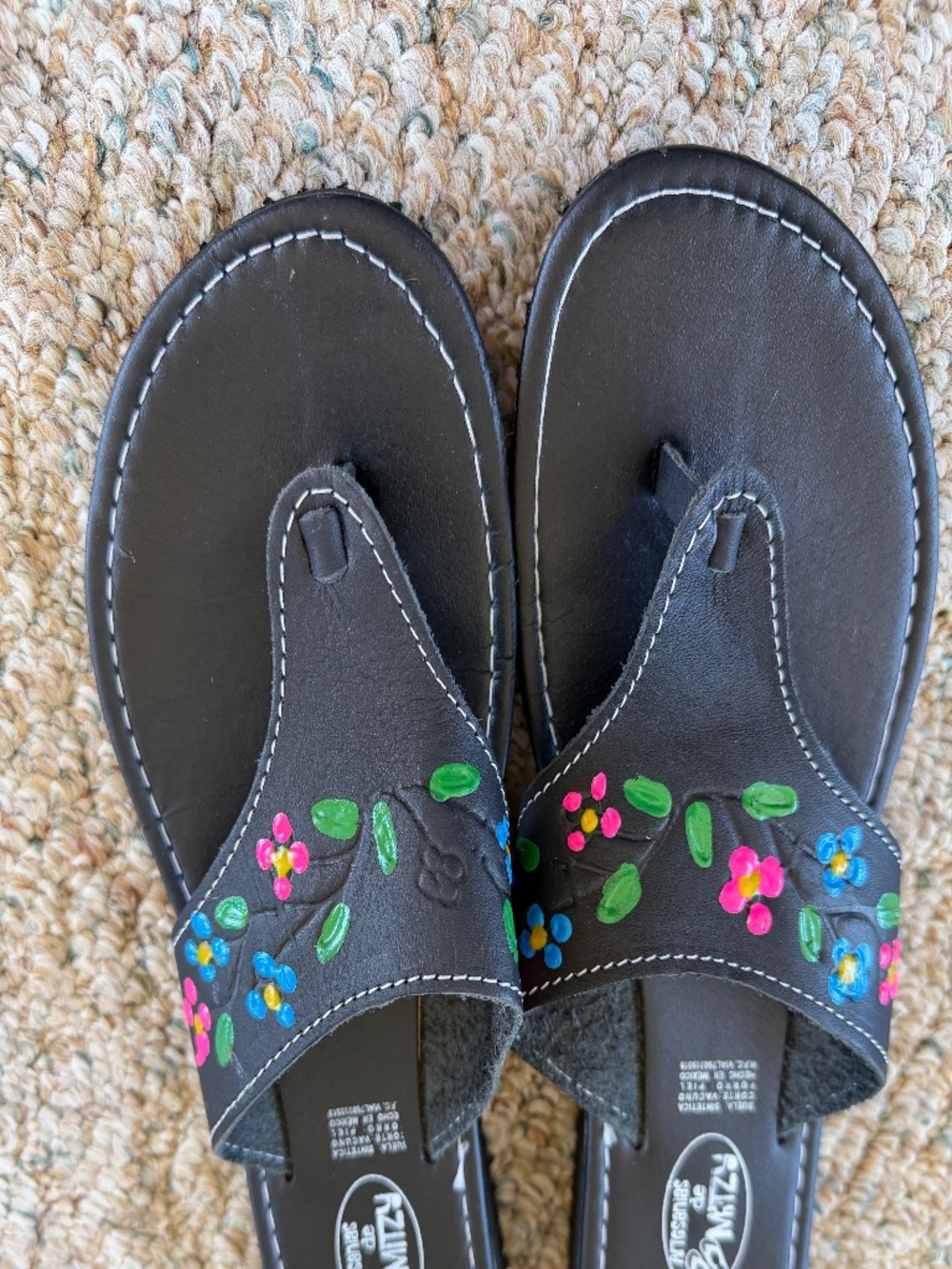 Black Leather Floral handmade sandals. size 8 -8.5